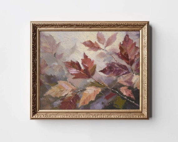 Burgundy Leaves Print Fall Leaf Painting Rustic Art Moody Vintage Autumn Thanksgiving Foliage Instant