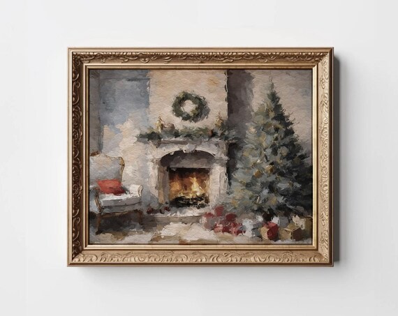 Cozy Christmas Fireplace With Tree Gifts Vintage Painting Print