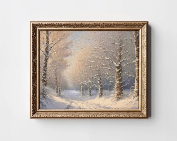 Snowy Winter Forest Road Painting Vintage Landscape Art Print