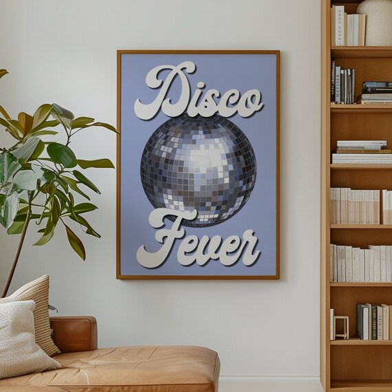 Disco Fever Script With Silver Disco Ball Retro Blue Music Wall Poster