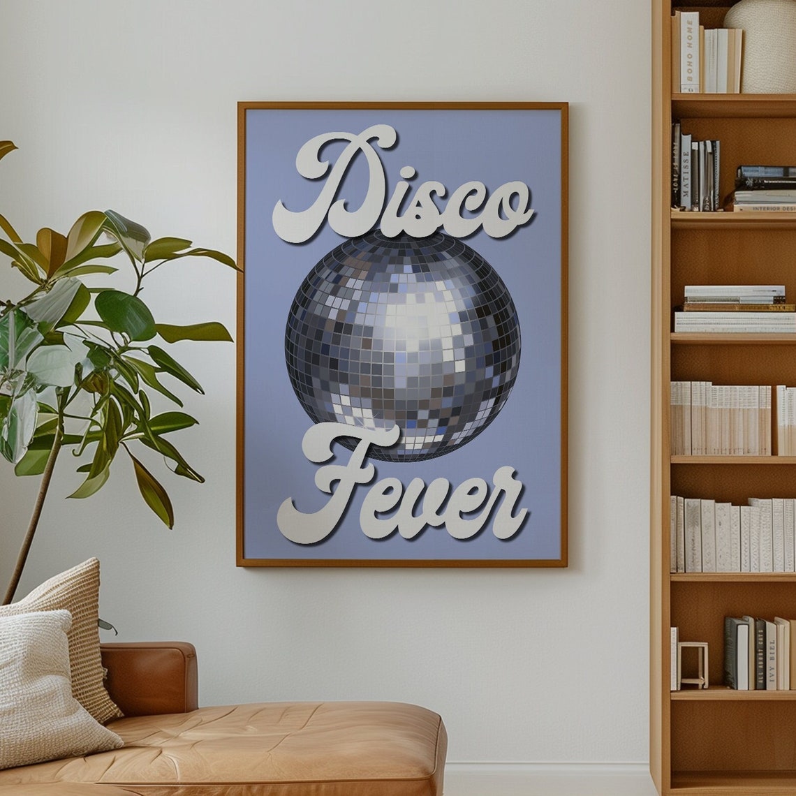 Disco Fever Script With Silver Disco Ball Retro Blue Music Wall Poster