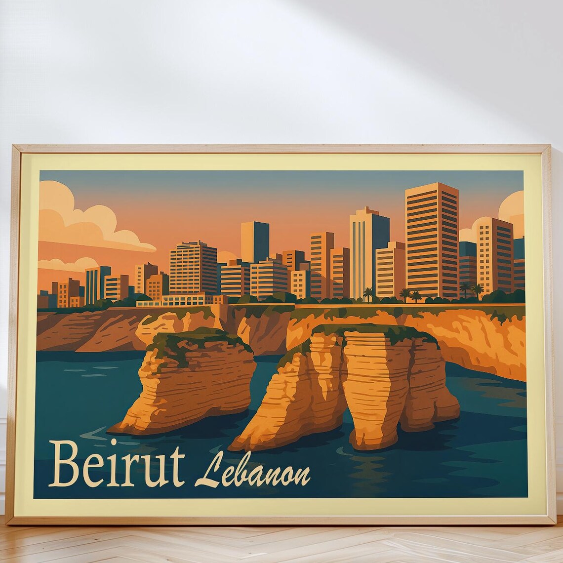 Beirut Lebanon Raouche Pigeon Rocks Coastal Skyline Travel Poster