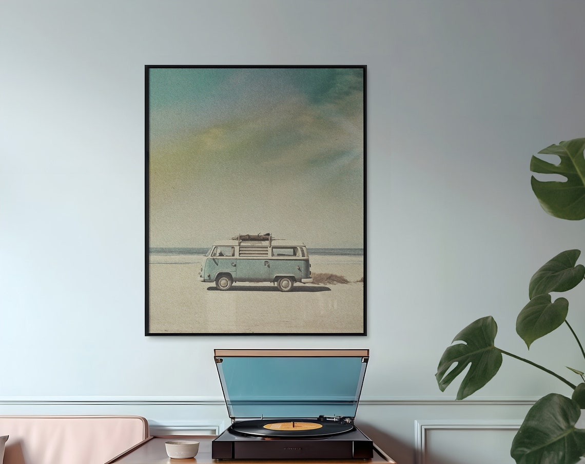 Vintage Blue Camper Van Parked On Sandy Beach Retro Travel Wall Art