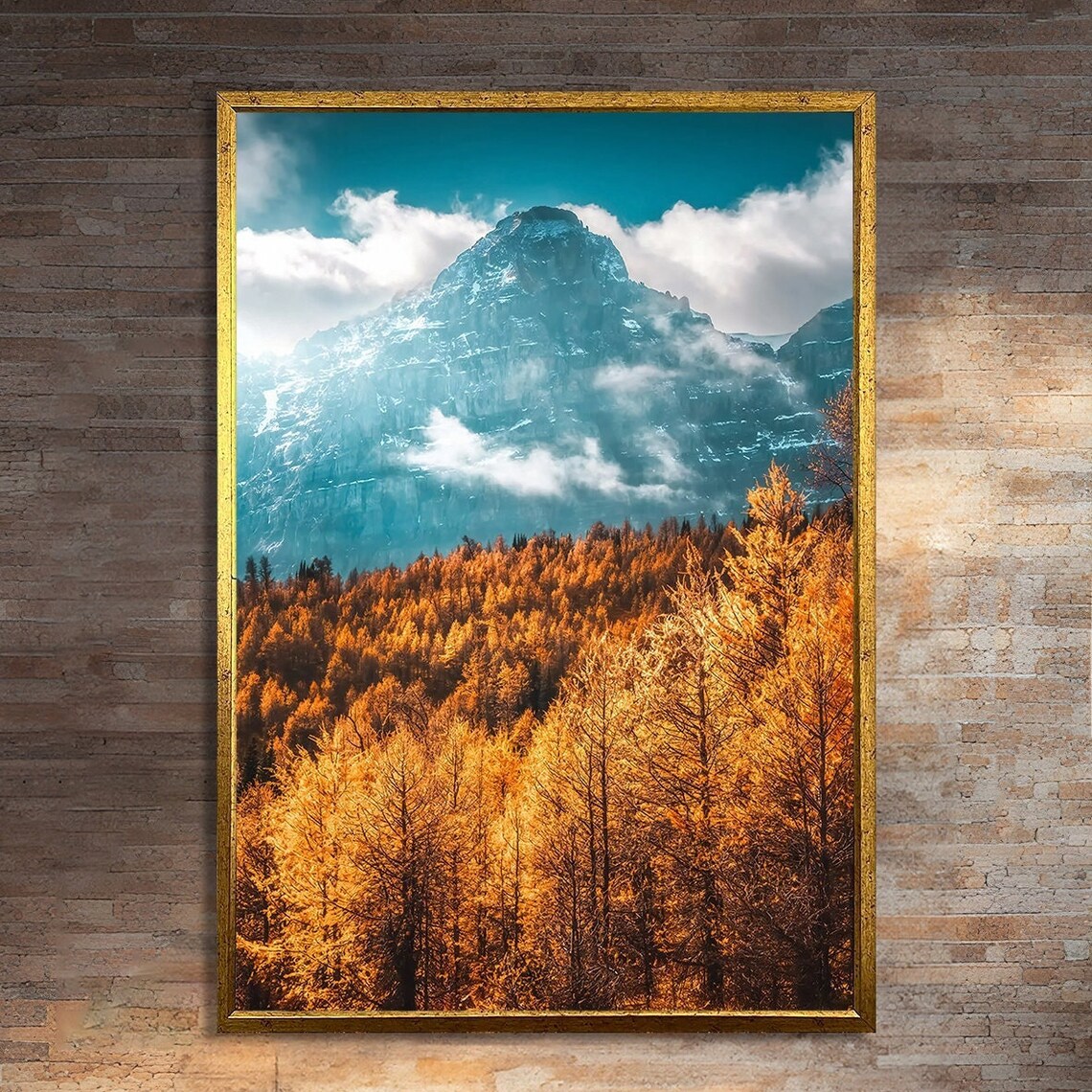 Golden Autumn Forest and Snow Capped Mountain Art Print