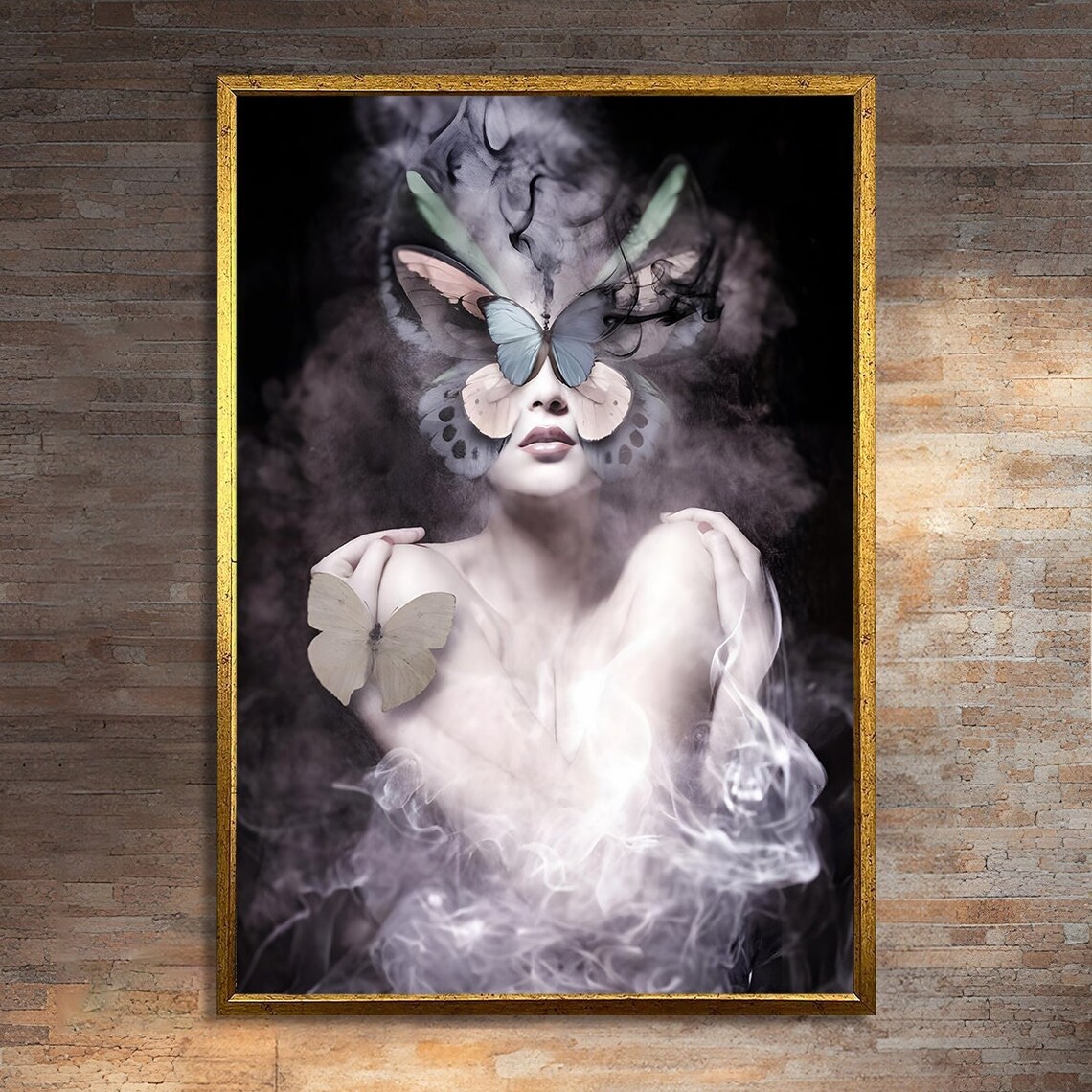 Butterfly Lady In Mist, Surreal Fantasy Art Print