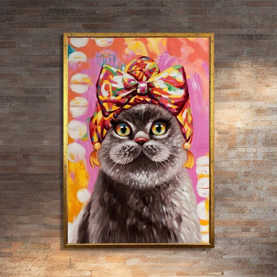 Colorful Cat Portrait, Whimsical Animal Painting