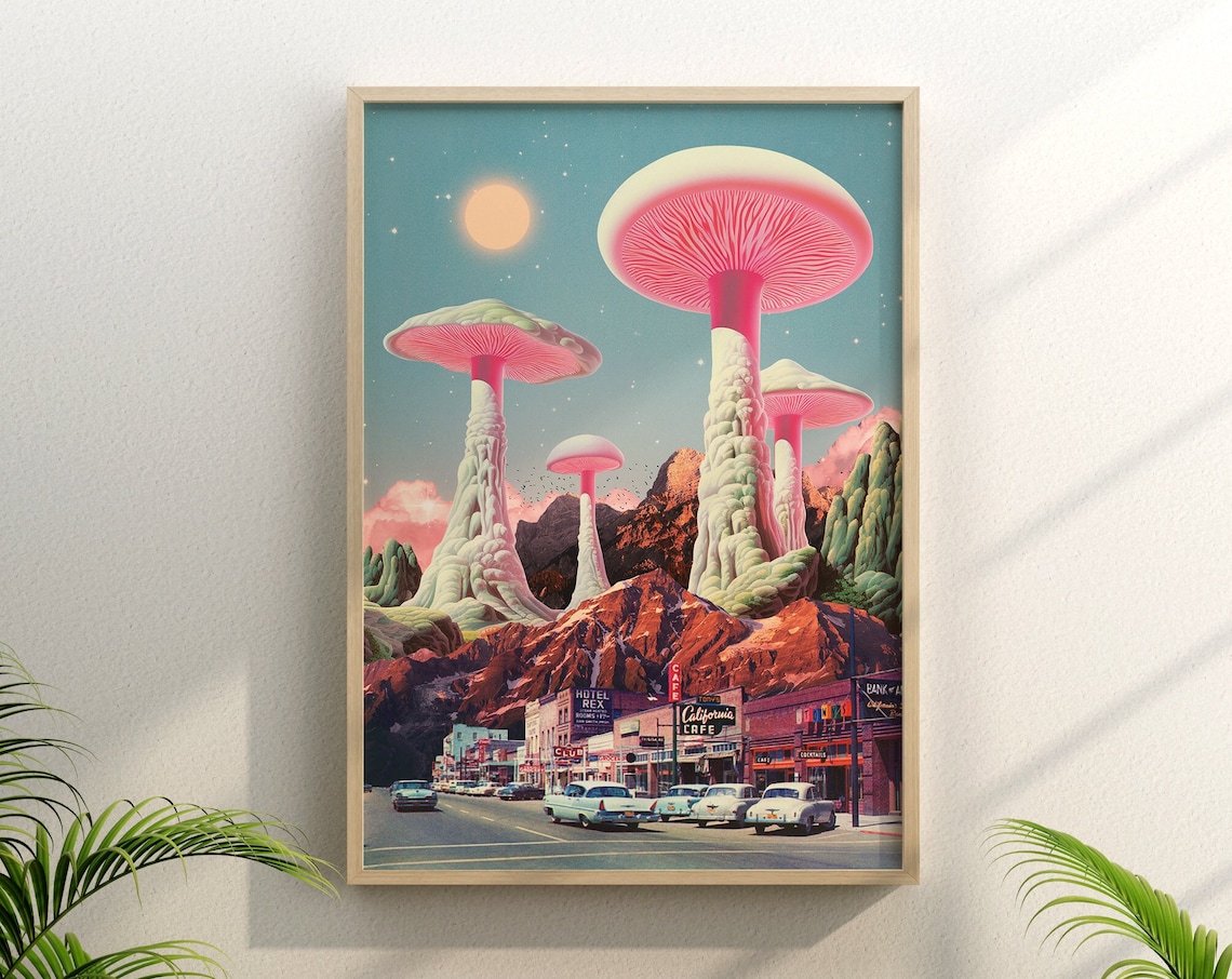 Trippy Land 9 Mushroom Retro Surrealism Art Print