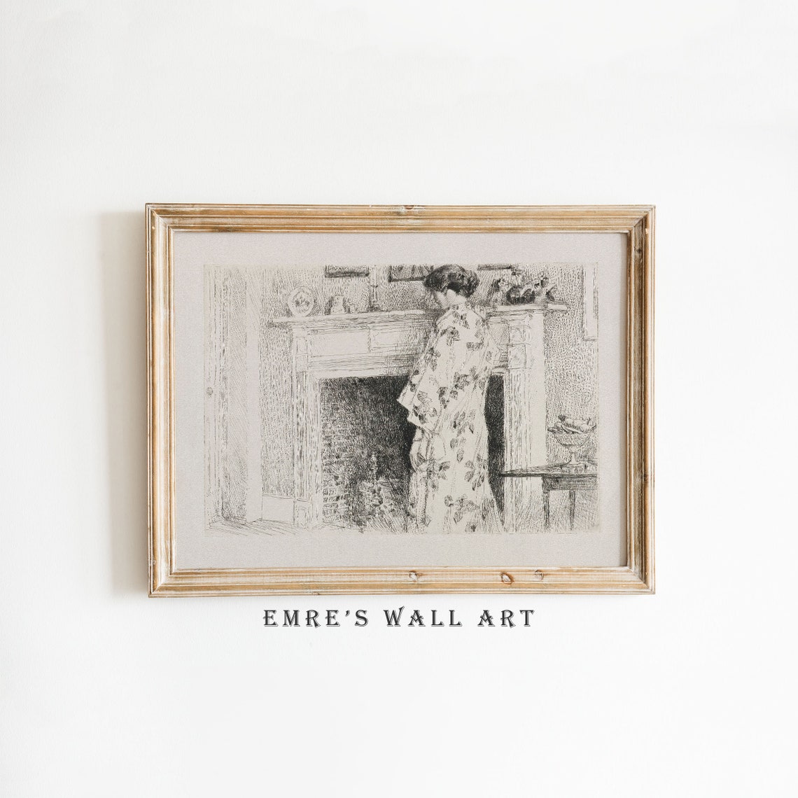 Woman By The Fireplace Antique Pencil Sketch Vintage Interior Print