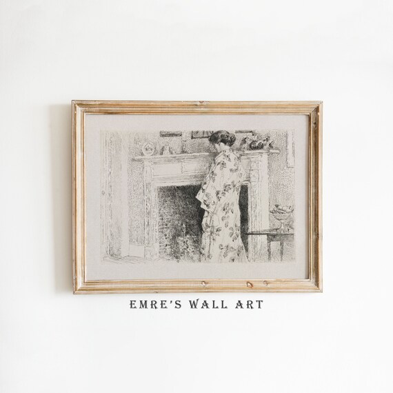Woman By The Fireplace Antique Pencil Sketch Vintage Interior Print