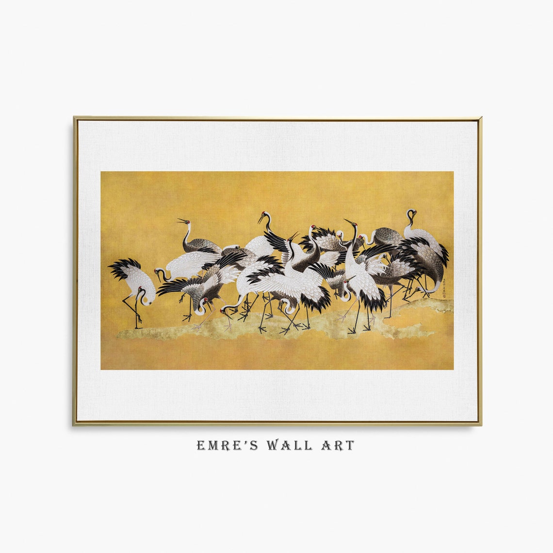 Flock of Japanese Cranes on Gold Leaf Vintage Asian Artwork Poster