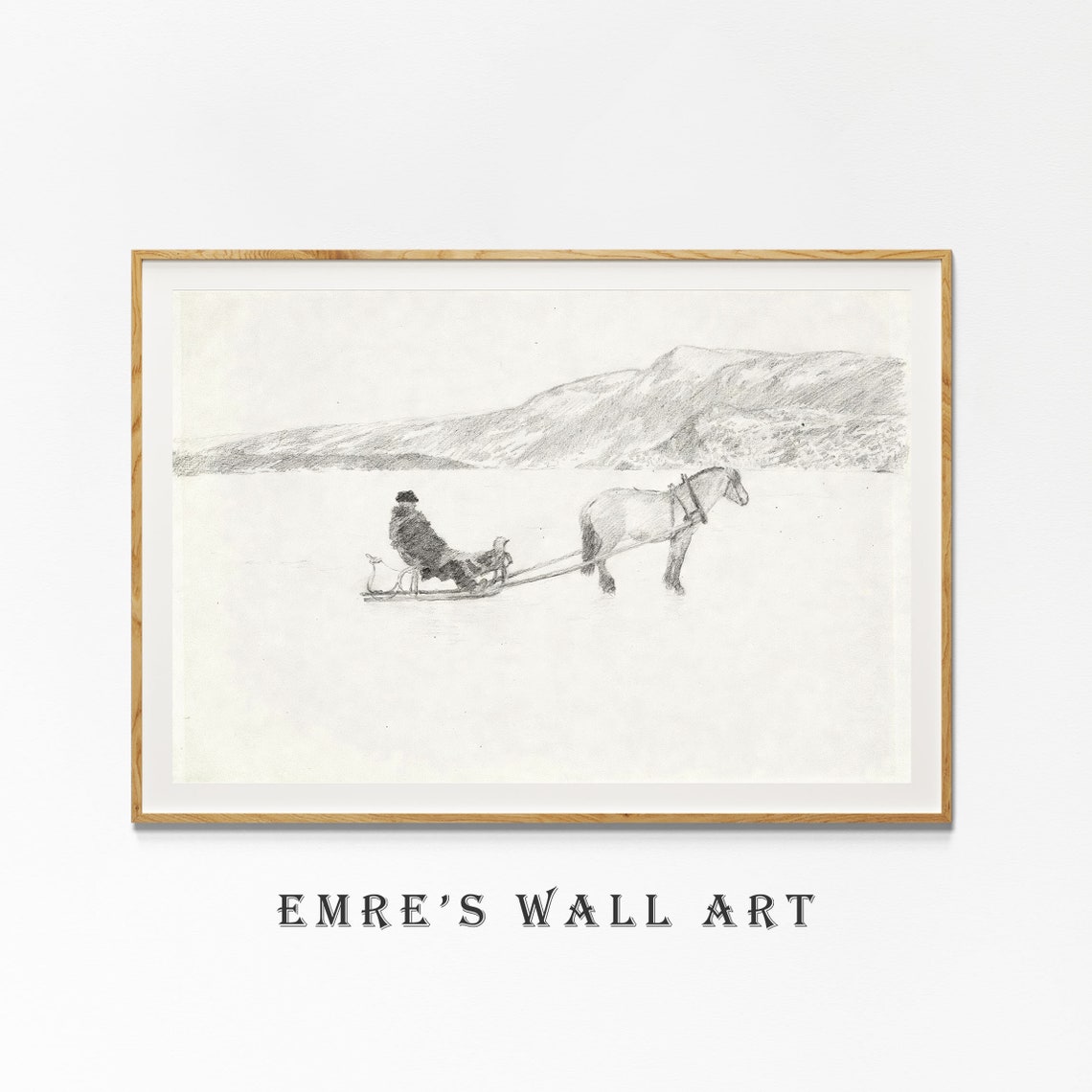 Horse Drawn Sleigh in Snow Vintage Pencil Sketch Winter Scene Poster - Image 4