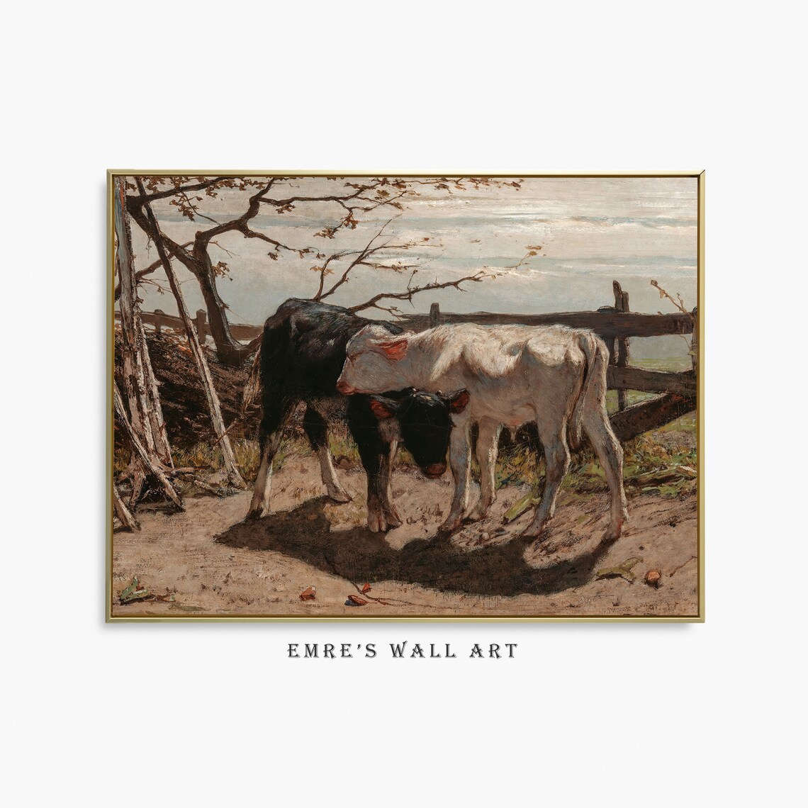 Two Calves by Wooden Fence Vintage Farmyard Oil Painting Poster