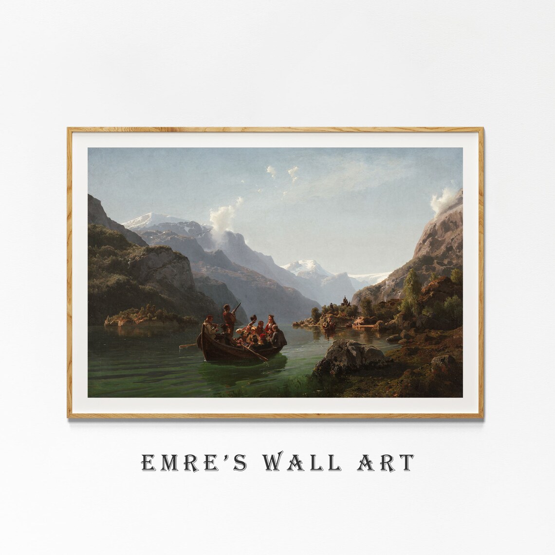 Vintage Fjord Landscape Painting Boat People Snowy Mountains Lake Poster - Image 4
