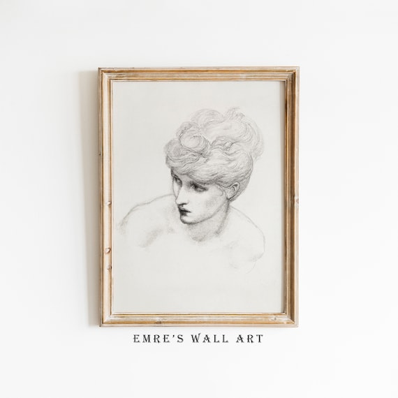 Woman Profile Pencil Sketch Vintage Drawing Flowing Hair Art Poster