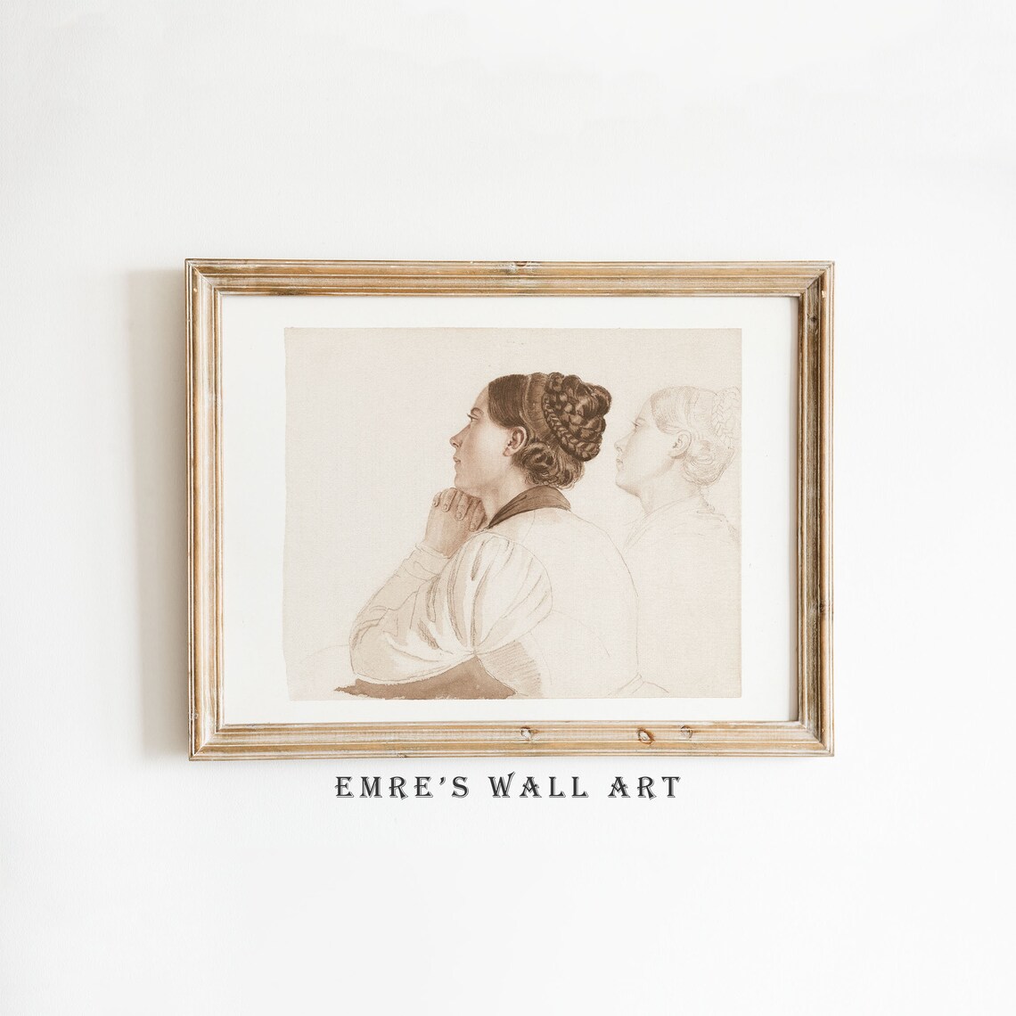 Antique Sepia Sketch of Two Women in Profile Vintage Drawing Poster