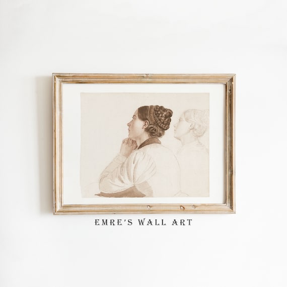 Antique Sepia Sketch of Two Women in Profile Vintage Drawing Poster
