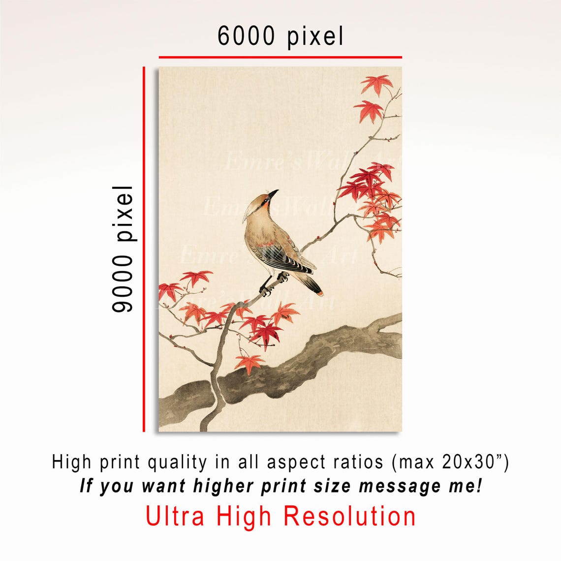 Waxwing Bird Perched on Red Maple Branch Japanese Art Poster - Image 3