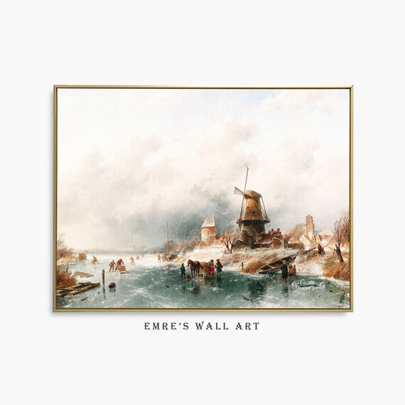 Frozen Canal Windmill Skaters Horse Sled Winter Dutch Art Poster