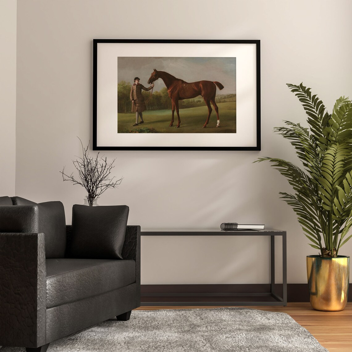 Bay Horse Held by Groom Vintage Equestrian Oil Painting Poster - Image 2