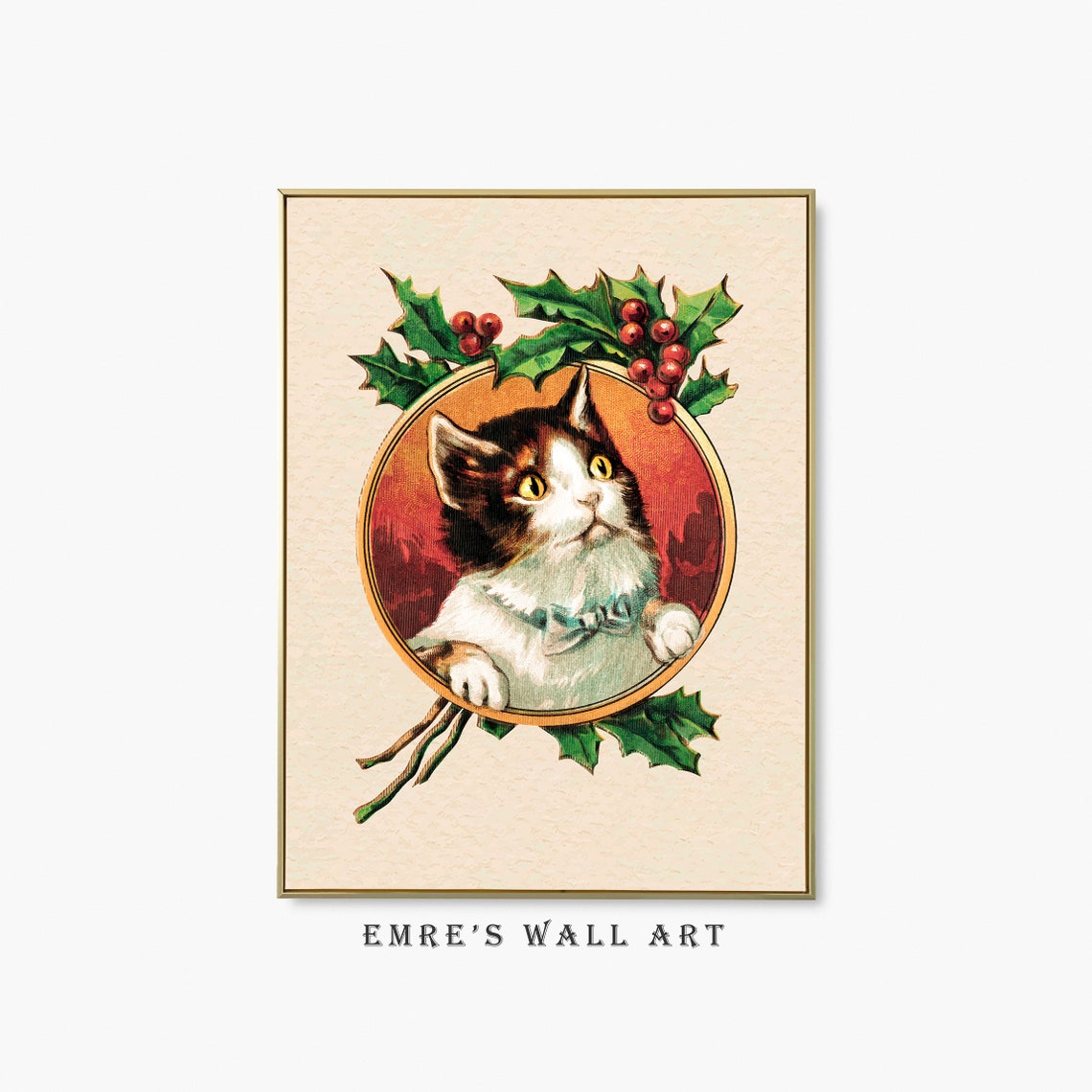 Kitten Blue Bow Holly Berries Vintage Christmas Illustration Poster