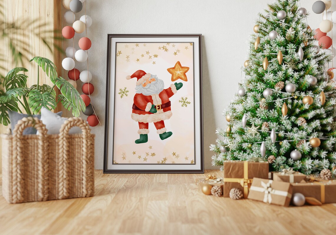 Santa Claus Tossing Star Cute Watercolor Christmas Holiday Poster - Image 4
