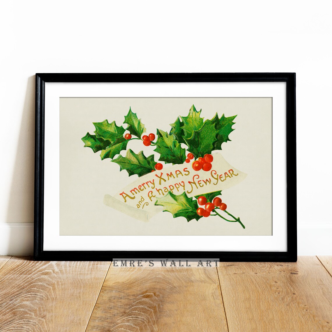 Vintage Holly Branch Christmas Card A Merry Xmas Happy New Year Poster - Image 4