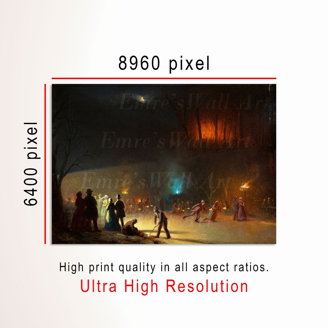 Torchlit Night Skating Party Winter Moonlight Vintage Painting Poster - Image 3
