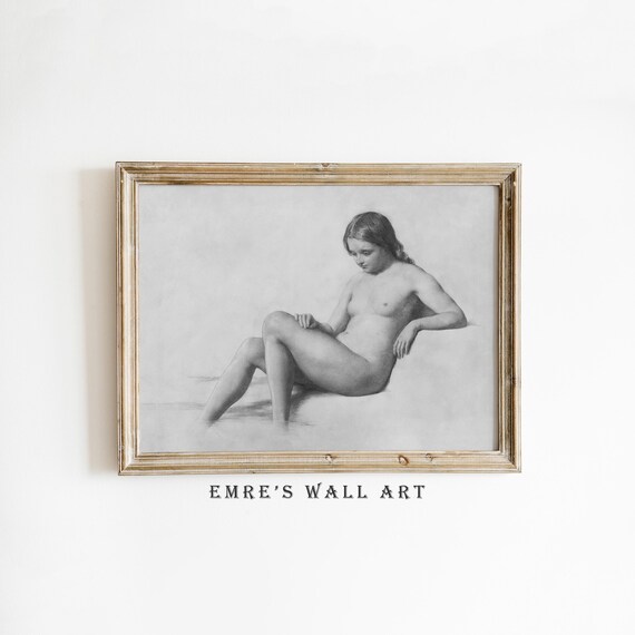 Seated Nude Woman Charcoal Sketch Vintage Academic Figure Poster