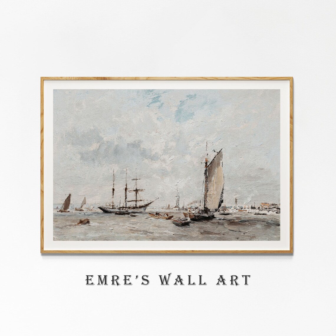 Vintage Tall Ships Seascape Soft Gray Ocean Painting Art Poster - Image 4