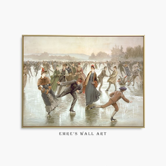 Ice Skaters Vintage Holiday Art Print, Winter Scene