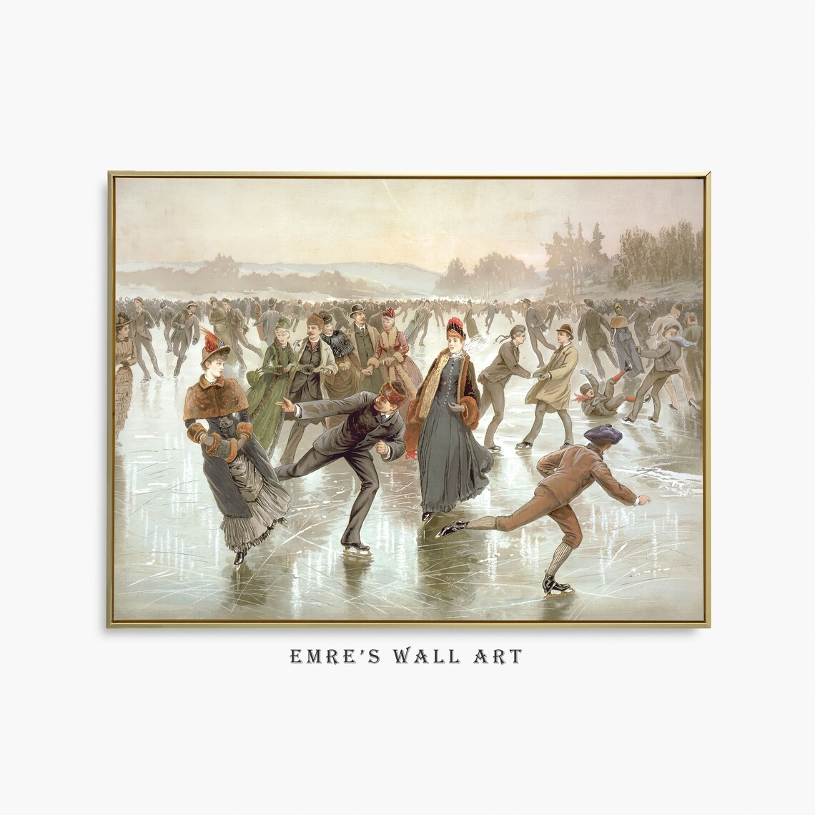 Ice Skaters Vintage Holiday Art Print, Winter Scene