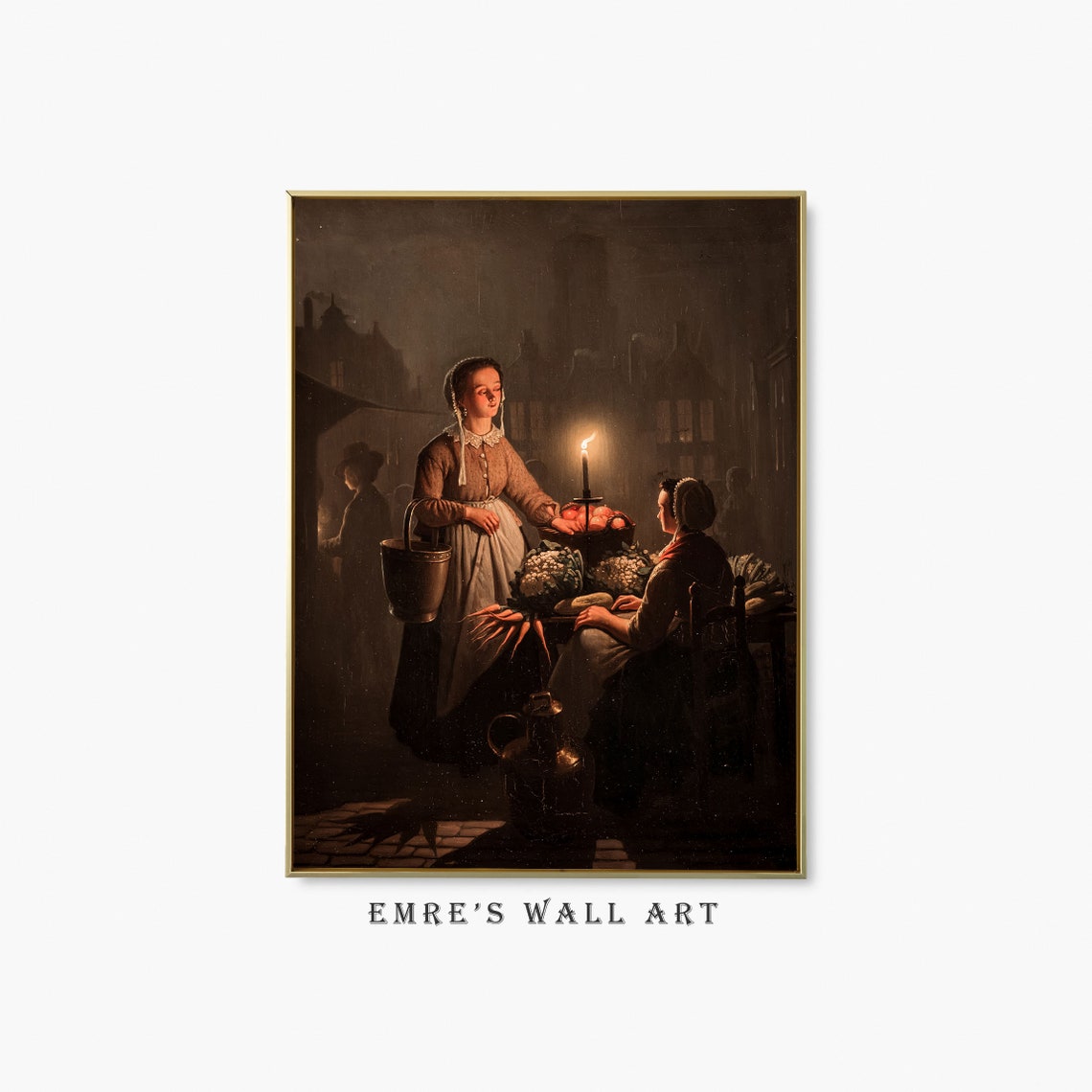 Candlelit Night Market Woman Fruit Basket Old Master Painting Poster