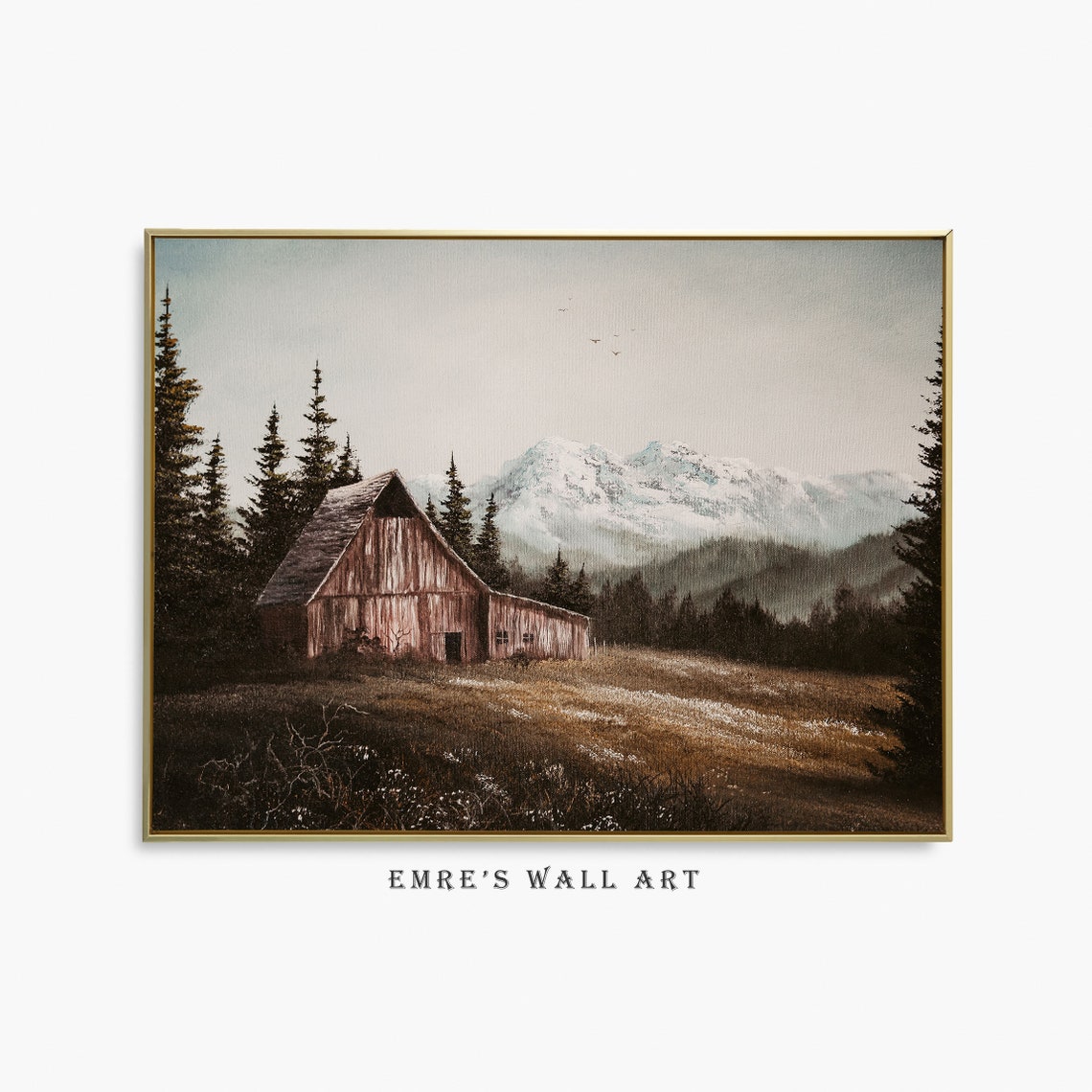 Rustic Old Wooden Barn Vast Snowy Mountains Pine Forest Poster