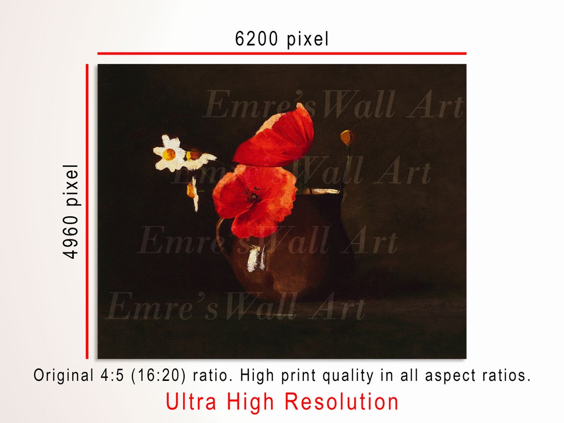 Red Poppies And Daisies In Dark Pitcher Moody Still Life Poster - Image 3