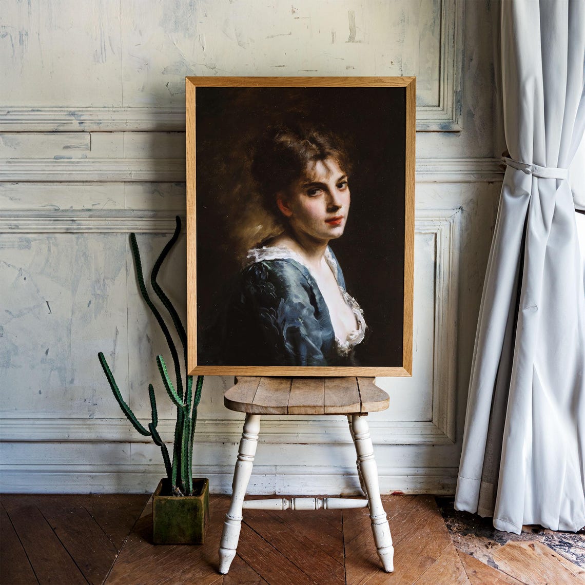 Classic Oil Portrait Young Woman Blue Dress Dark Academia Poster - Image 4