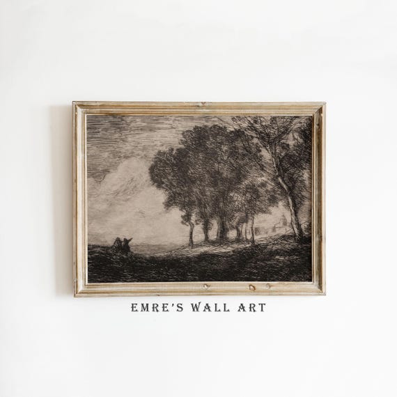 Rustic Landscape Drawing Print Vintage Country Sketch Wall Art Neutral Farmhouse Tree Drawing Nature Sketch Art