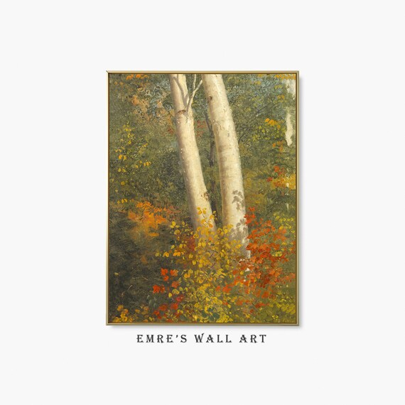 White Birch Trees with Bright Autumn Foliage Vintage Forest Poster