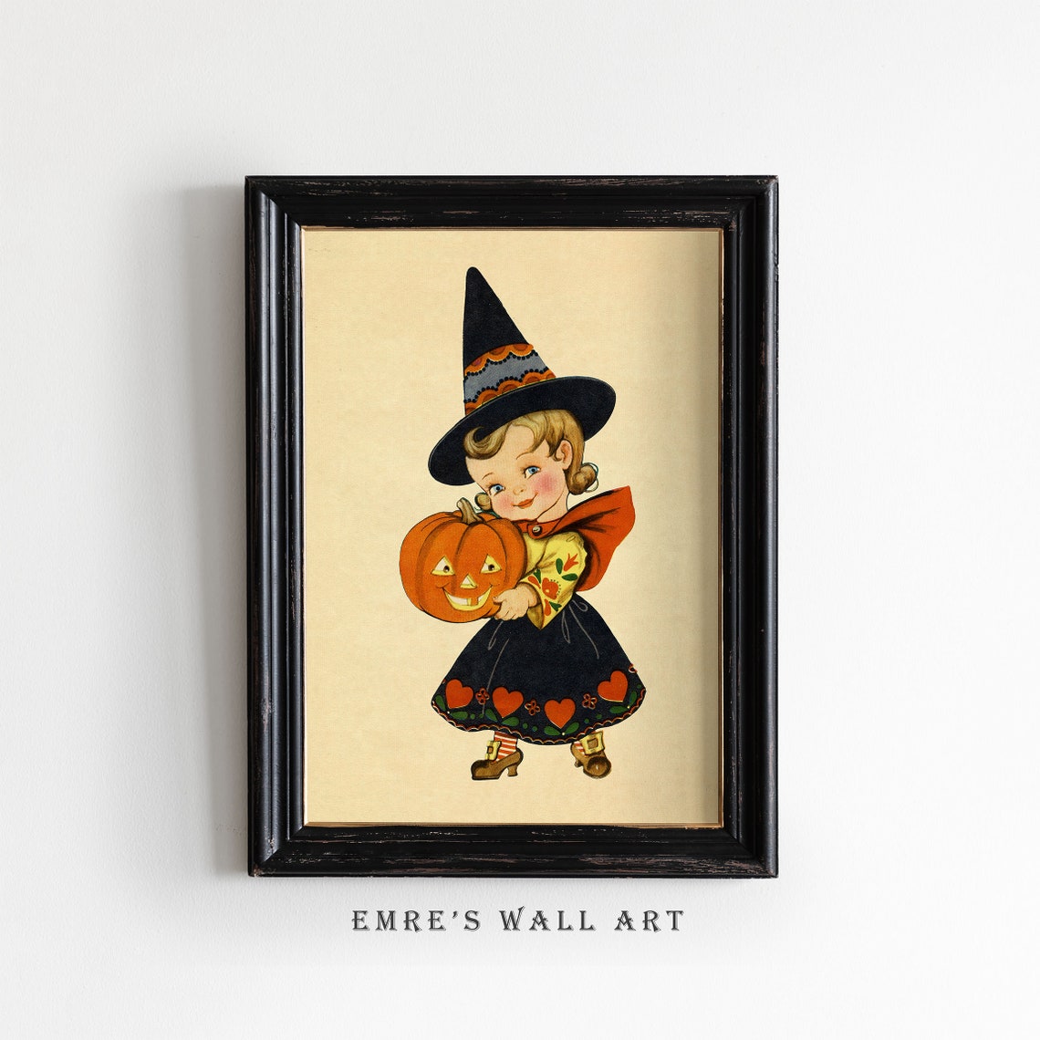 Cute Little Witch Girl Holding Jack O Lantern Vintage Halloween Poster - Image 2