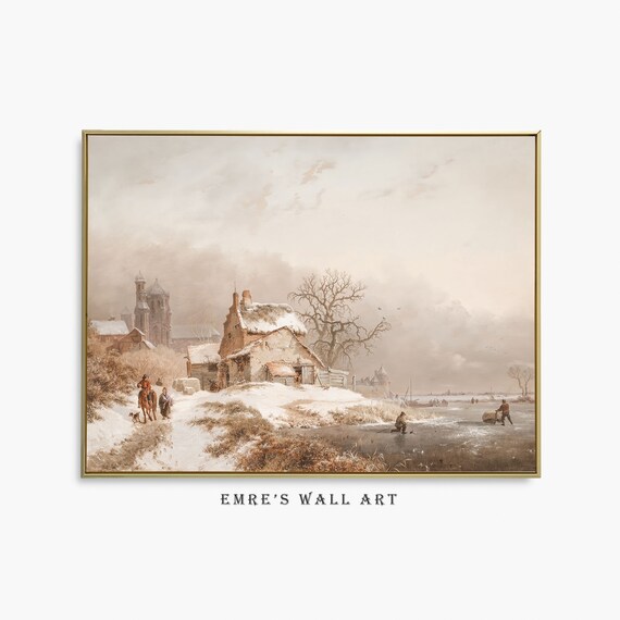 Dutch Winter Village Frozen River Skaters Vintage Oil Painting Poster