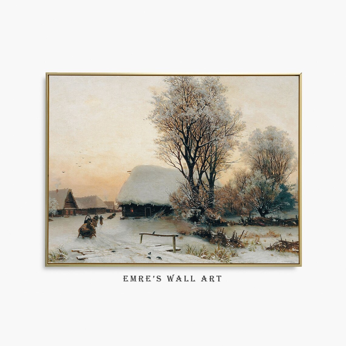 Vintage Winter Landscape Painting, Winter Village Art Print