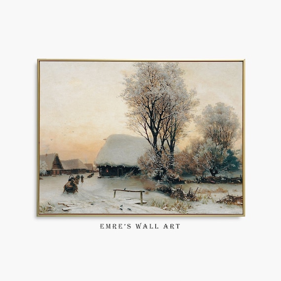 Vintage Winter Landscape Painting, Winter Village Art Print