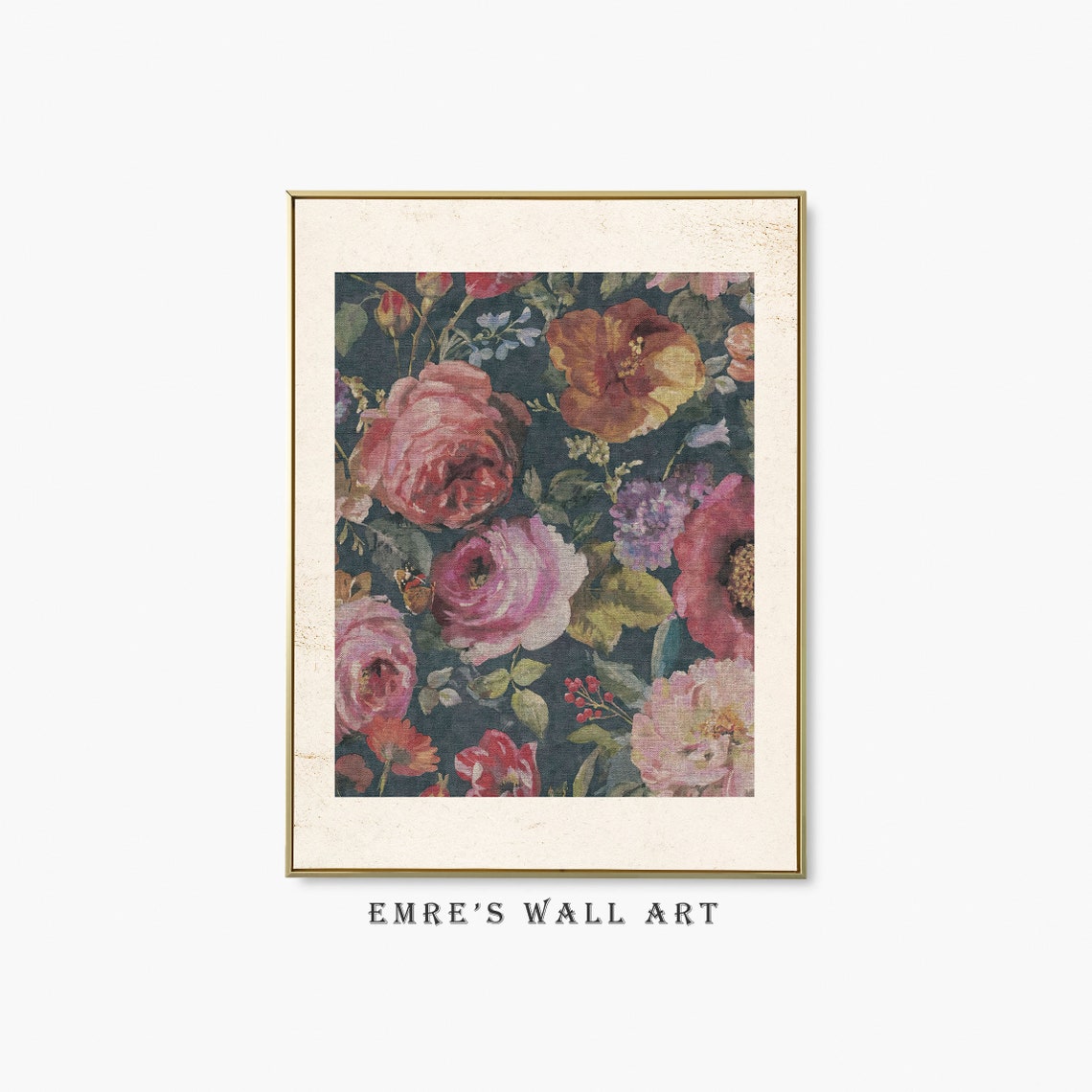 Vintage Floral Pattern Dark Roses Botanical Textile Art Print - Image 2