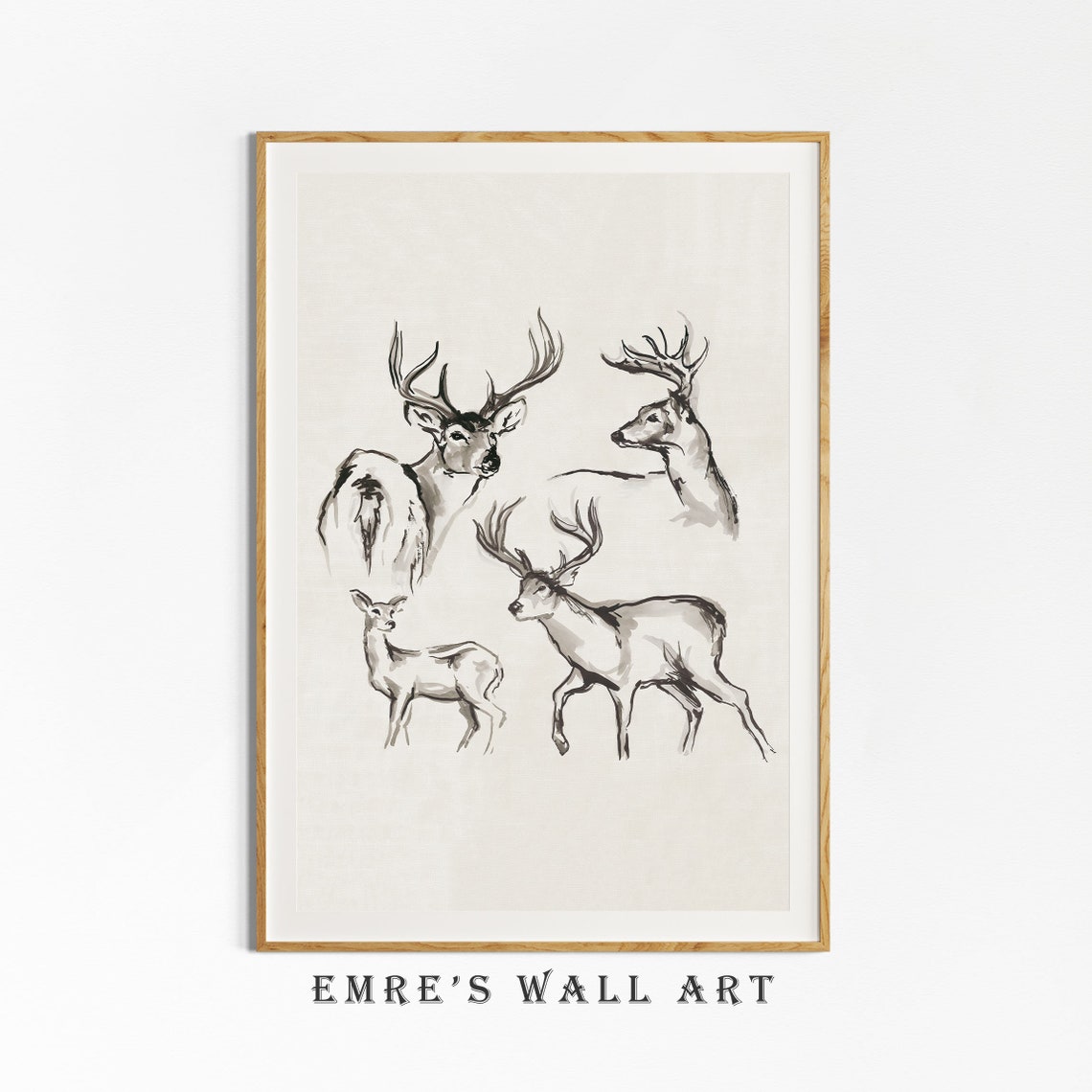 Deer Studies Ink Wash Stag and Doe Sketch Wildlife Fine Poster - Image 4