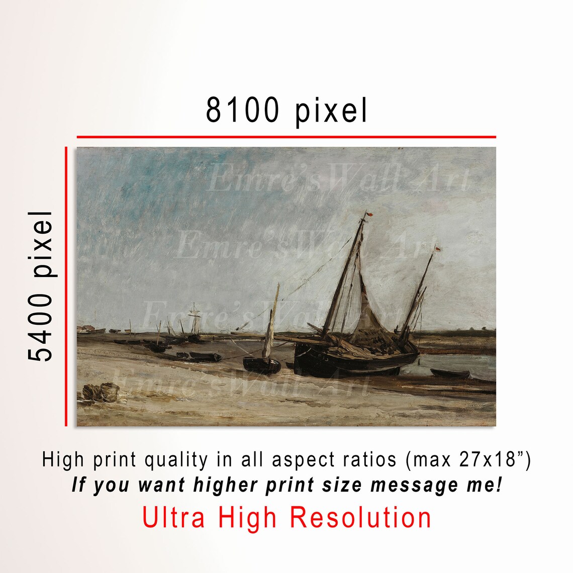 Beached Fishing Boats Vintage Seascape Gray Sky Coastal Painting Poster - Image 3