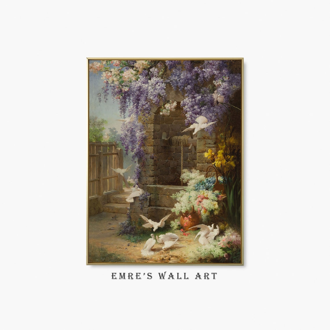 Vintage Garden Painting Stone Well Wisteria White Doves Flowers Poster