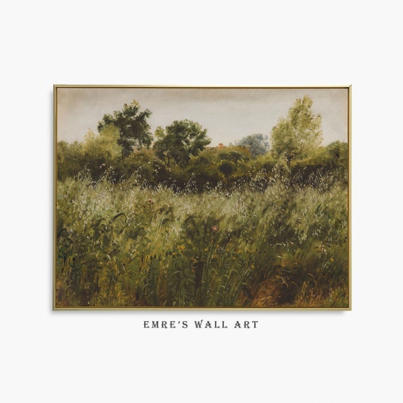 Field Landscape Oil Painting Vintage Moody Green Landscape Print Country Field Wall Art Wall Art