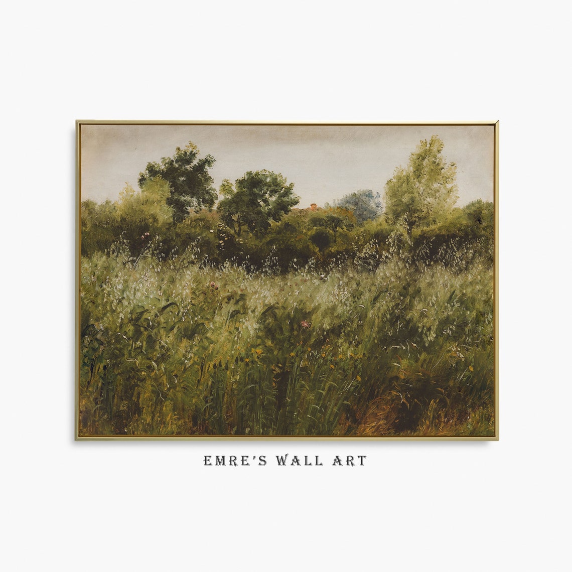 Moody Green Meadow Landscape Oil Painting Wildflower Field Art Poster