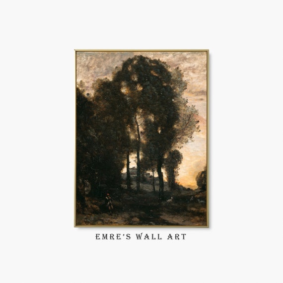 Rustic Landscape Oil Painting Vintage Country Landscape Wall Art Moody Scenery Home Decor Antique Artwork