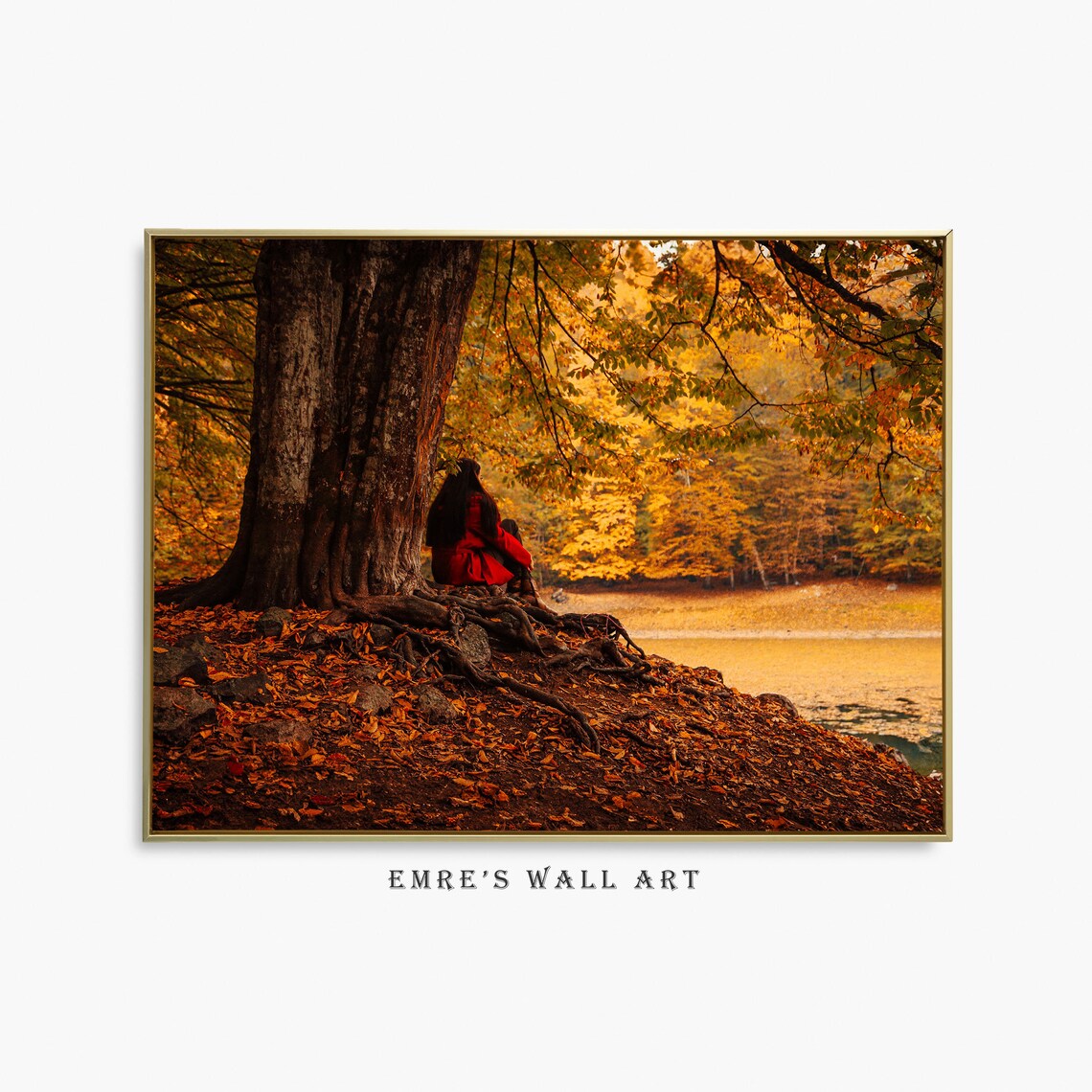 Woman in Red Coat Autumn Tree Golden Lake Shore Photo Poster
