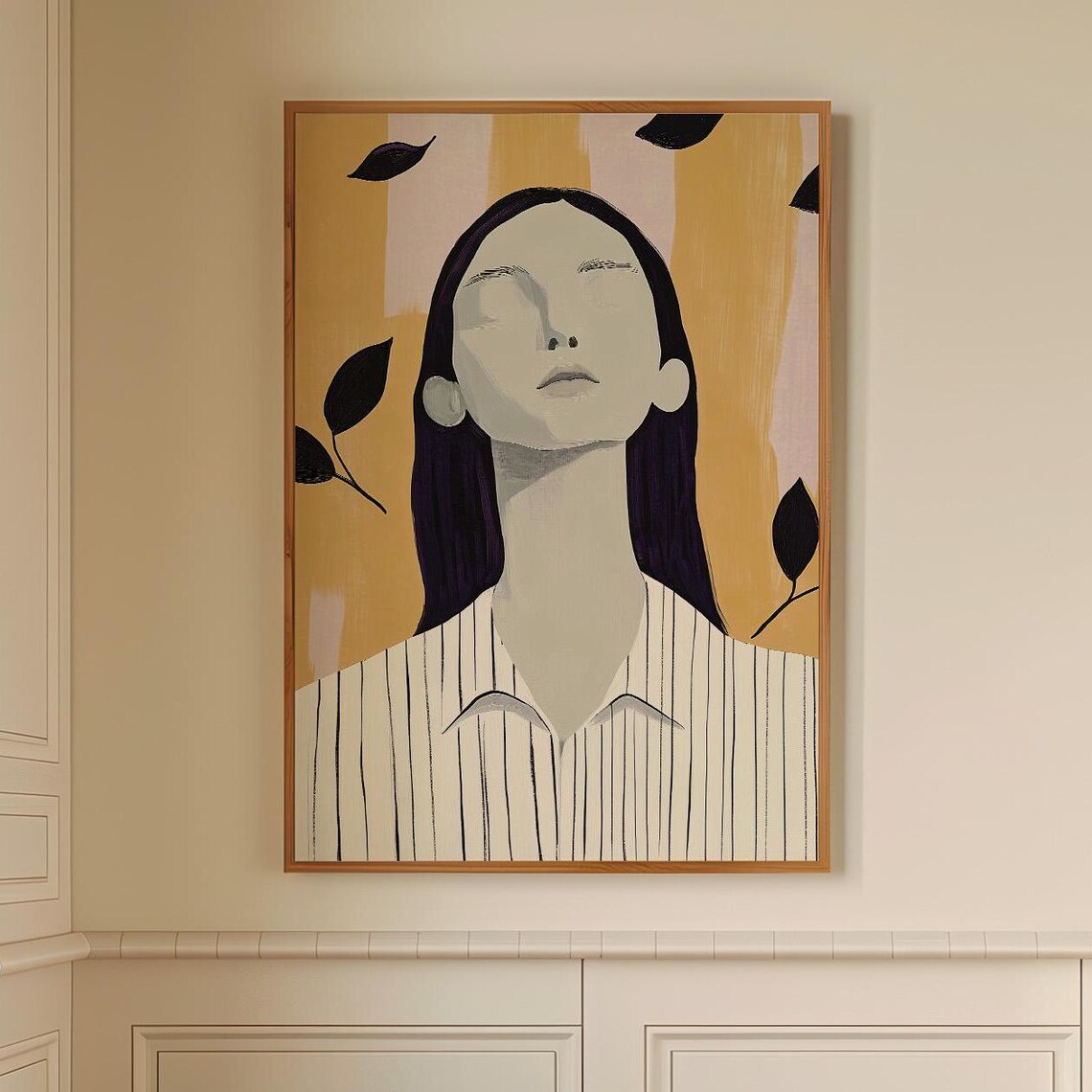Tranquil Peaceful Woman Closed Eyes Striped Shirt Modern Poster